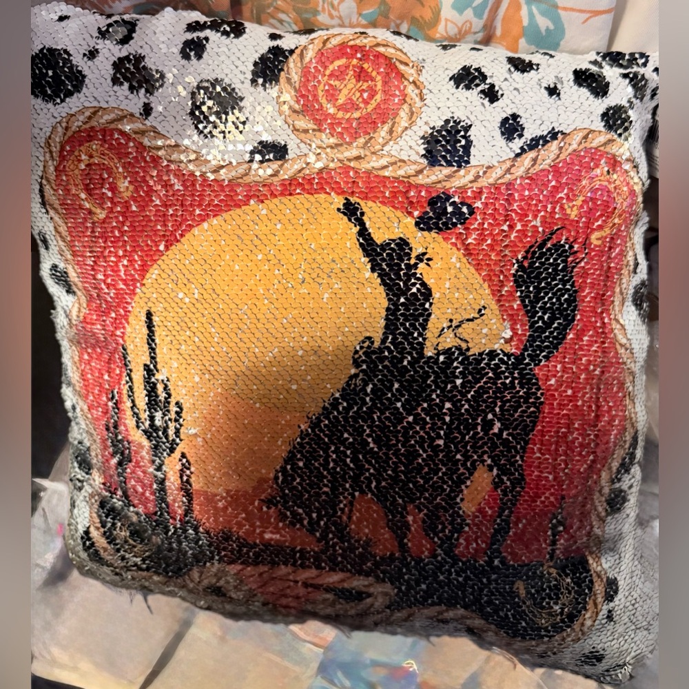 Western Theme Sequin Throw Pillow Reversible Design PMT Holdings 15 Inches